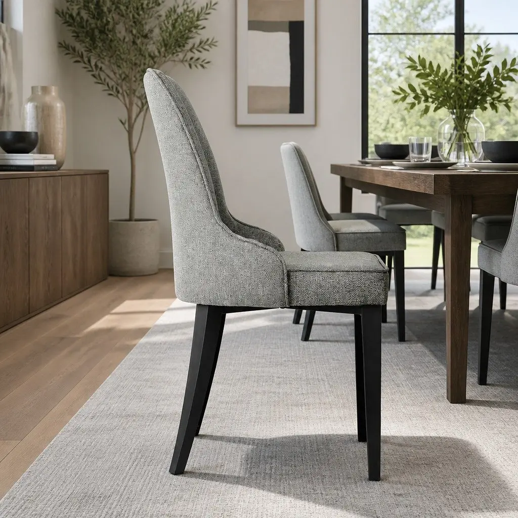 Dining Chairs High Back Cushioned Grey Fabric Set of 2 Steel Legs