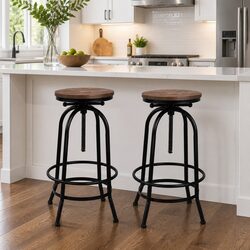 Set of 2 Adjustable Height Bar Stools with Wooden Seat