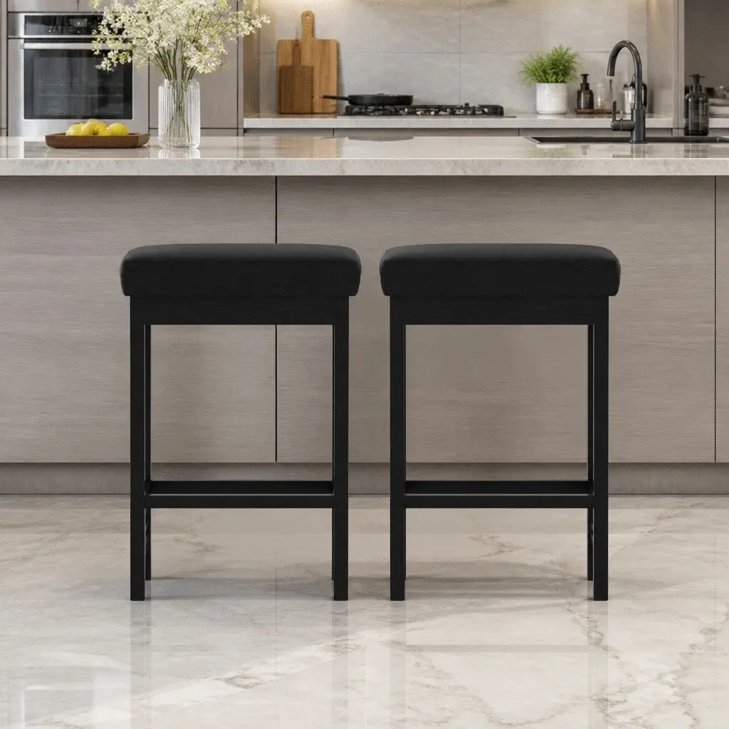 Bar Stools PU Padded Seat Memory Foam 66 cm Black Metal Frame Set of 2
