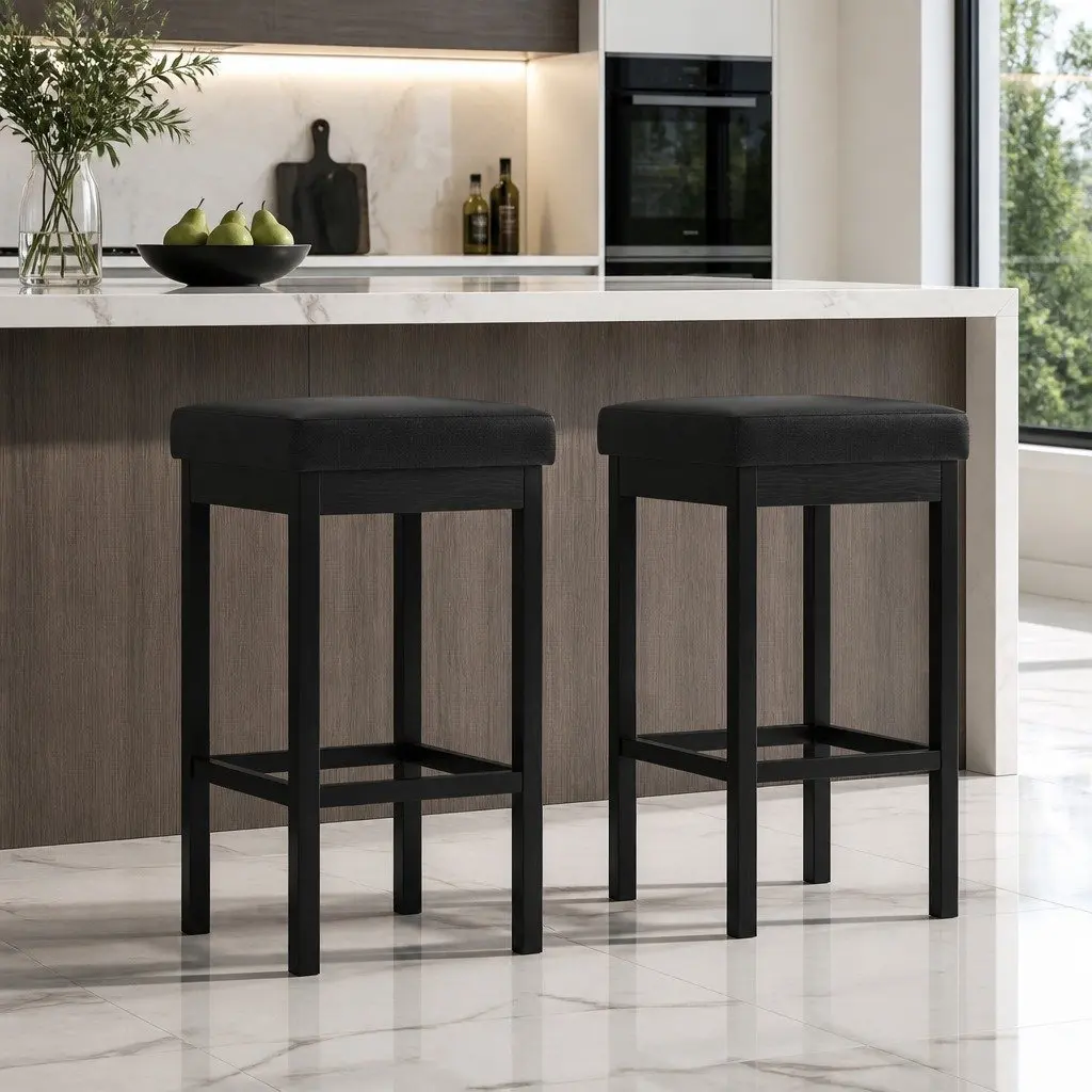 Bar Stools PU Padded Seat Memory Foam 66 cm Black Metal Frame Set of 2