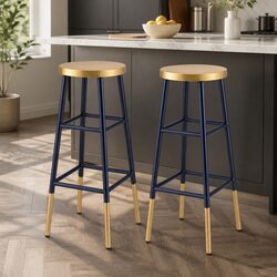 Modern Bar Stools Set of 2 in Gold and Navy