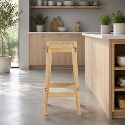 Bar Stool Set of 2 with Rattan Seat and Rubber Wood Frame