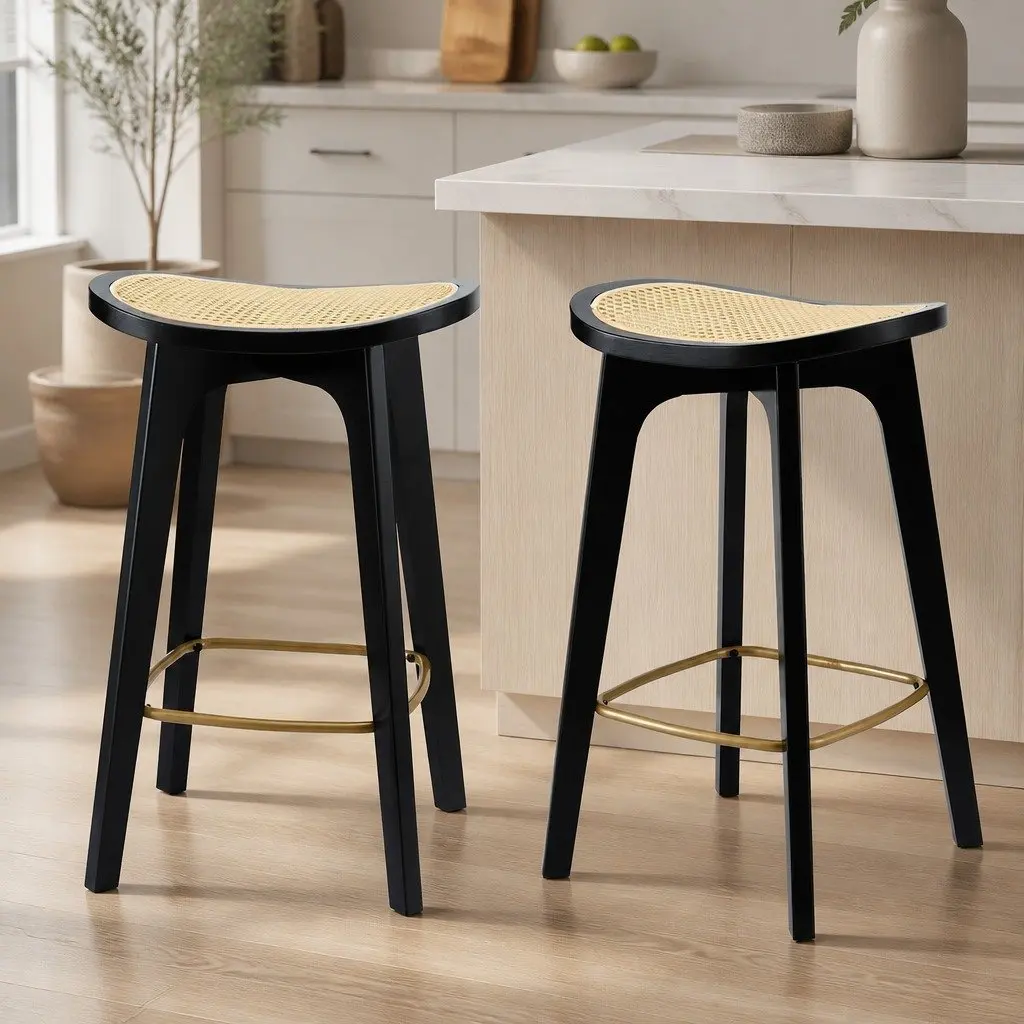 Bar Stools Backless Woven Rattan Seat 67cm Height Black Set of 2