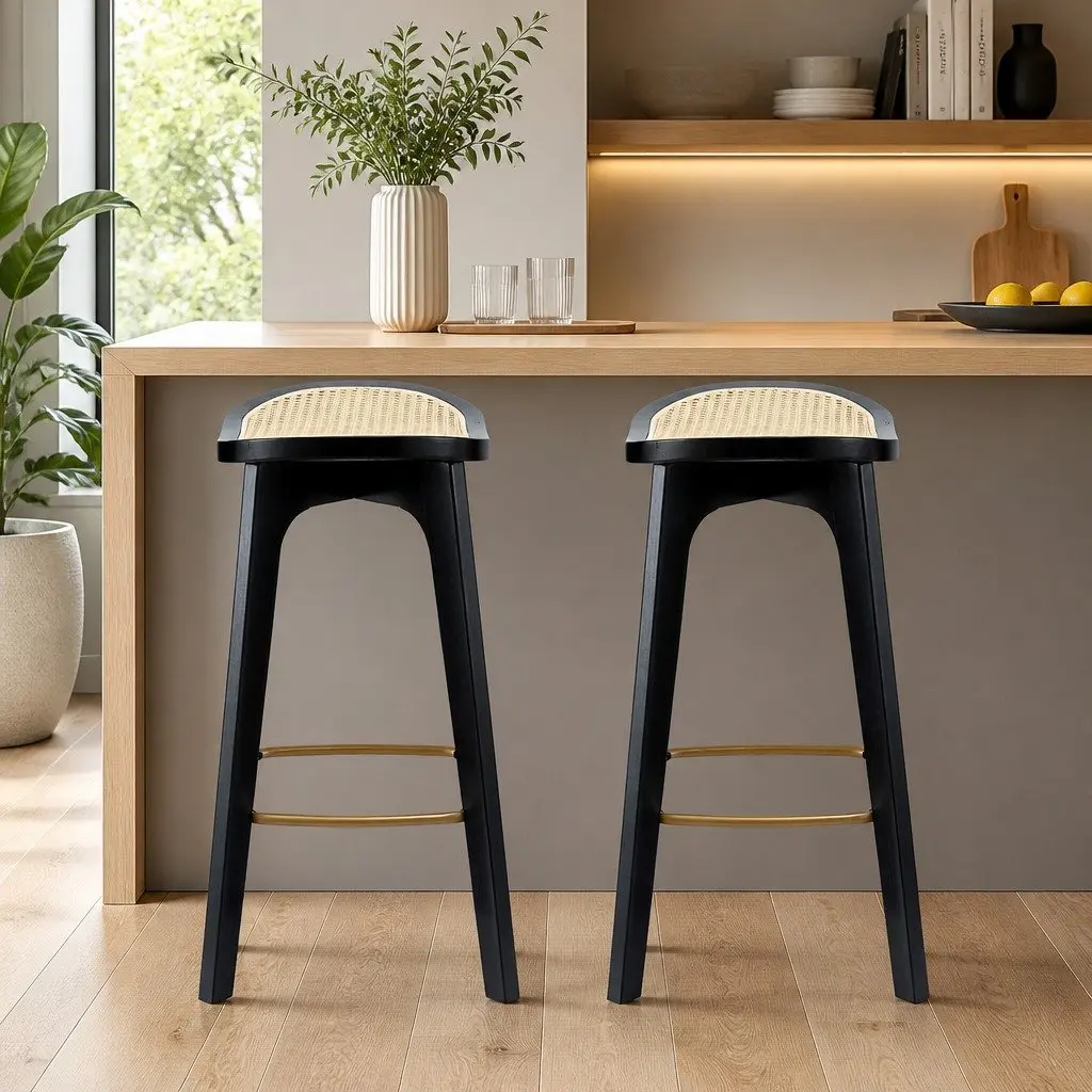 Bar Stools Backless Woven Rattan Seat 67cm Height Black Set of 2