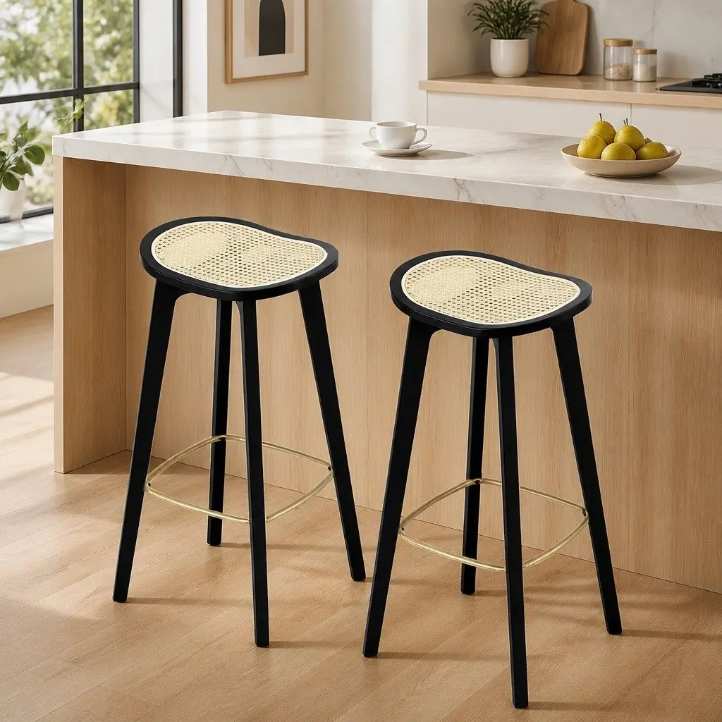 Bar Stools Backless Woven Rattan Seat 67cm Height Black Set of 2