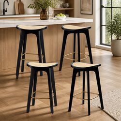 4-Piece Black Rattan Bar Stool Set with Bamboo Frame