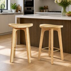 Bar Stools Set of 2 with Rattan Seats and Bamboo Frame