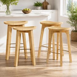 4 Piece Bar Stool Set with Bamboo Frame and Rattan Seat