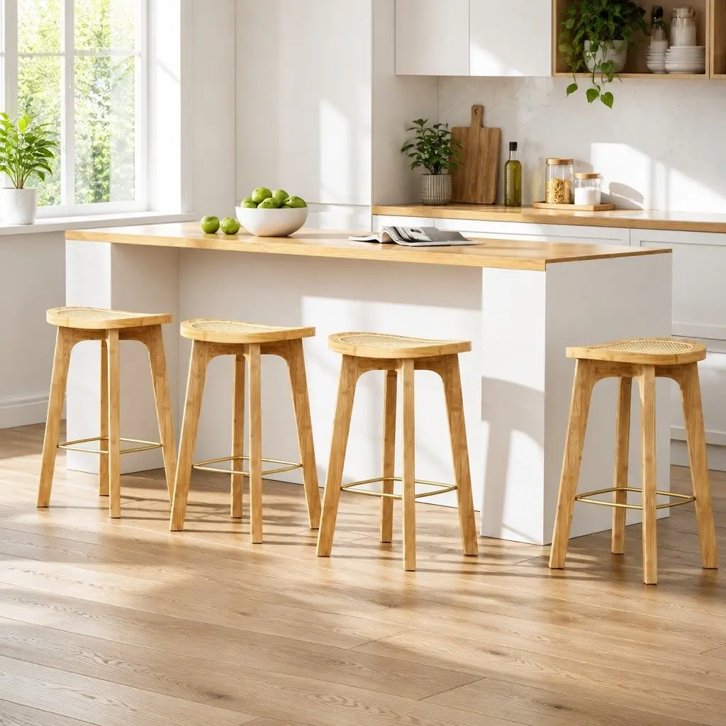 Bar Stools Set of 4 Bamboo Rattan Counter Kitchen Chair Dining Seat