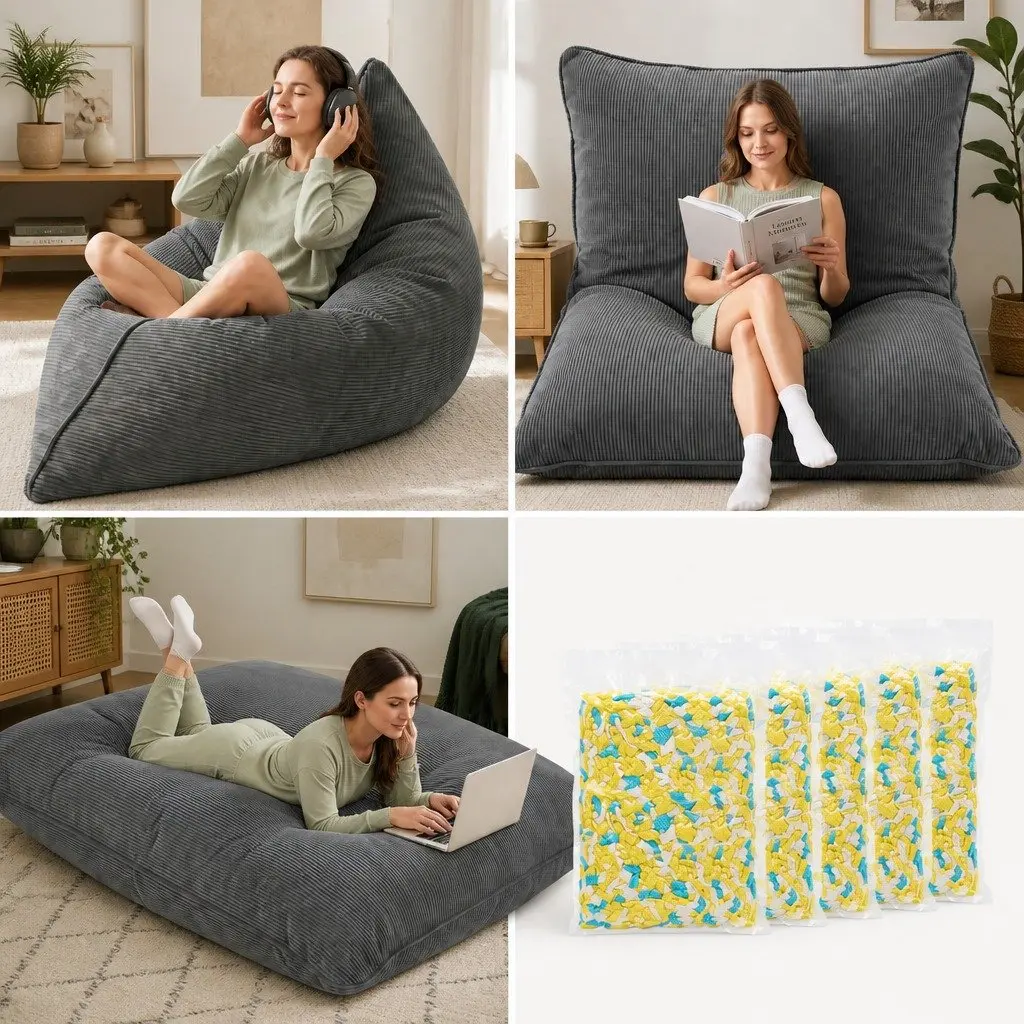 3 in 1 Convertible Bean Bag Chair Floor Cushion Memory Foam Grey