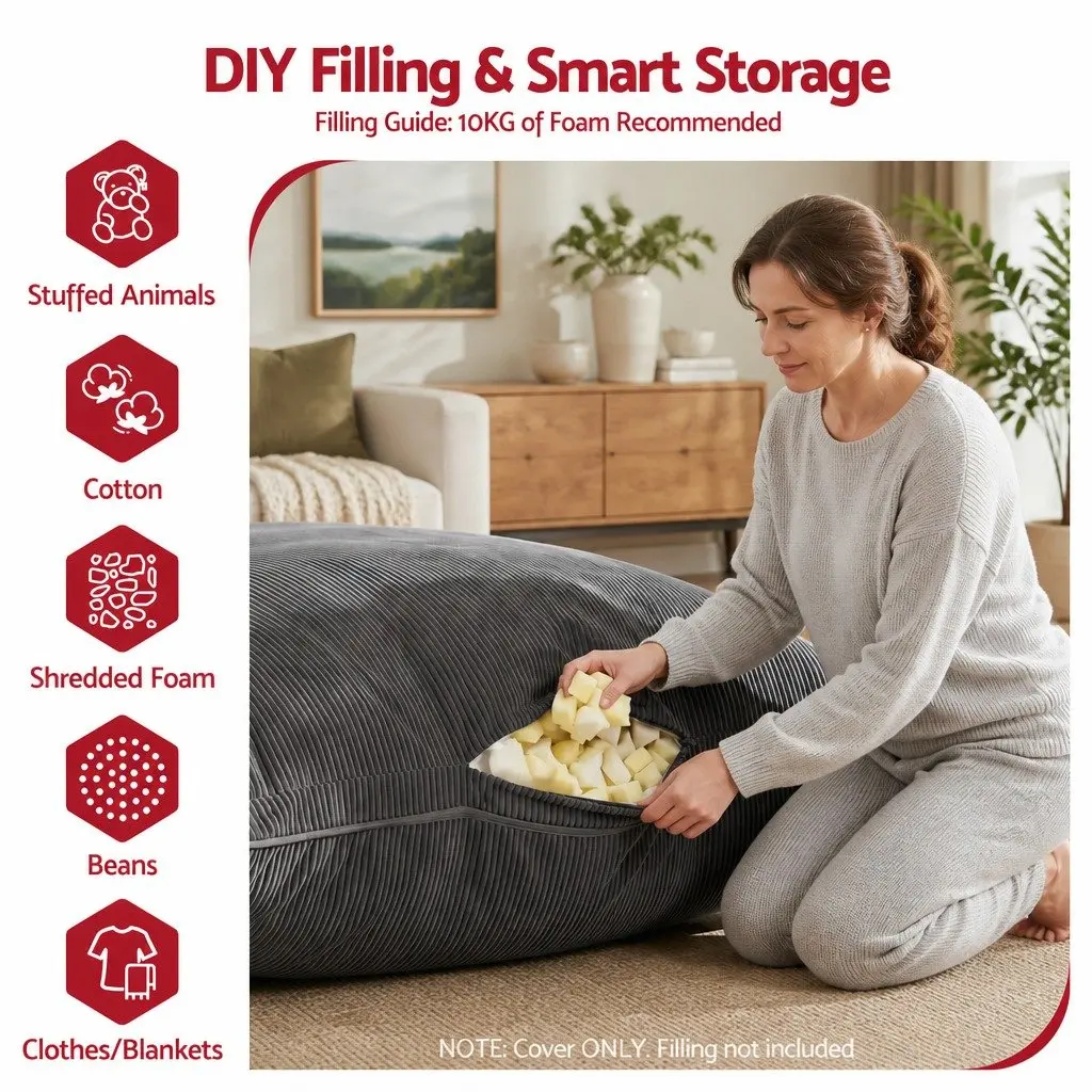 Bean Bag Chair Cover Convertible Floor Cushion Sofa Seat Grey Corduroy