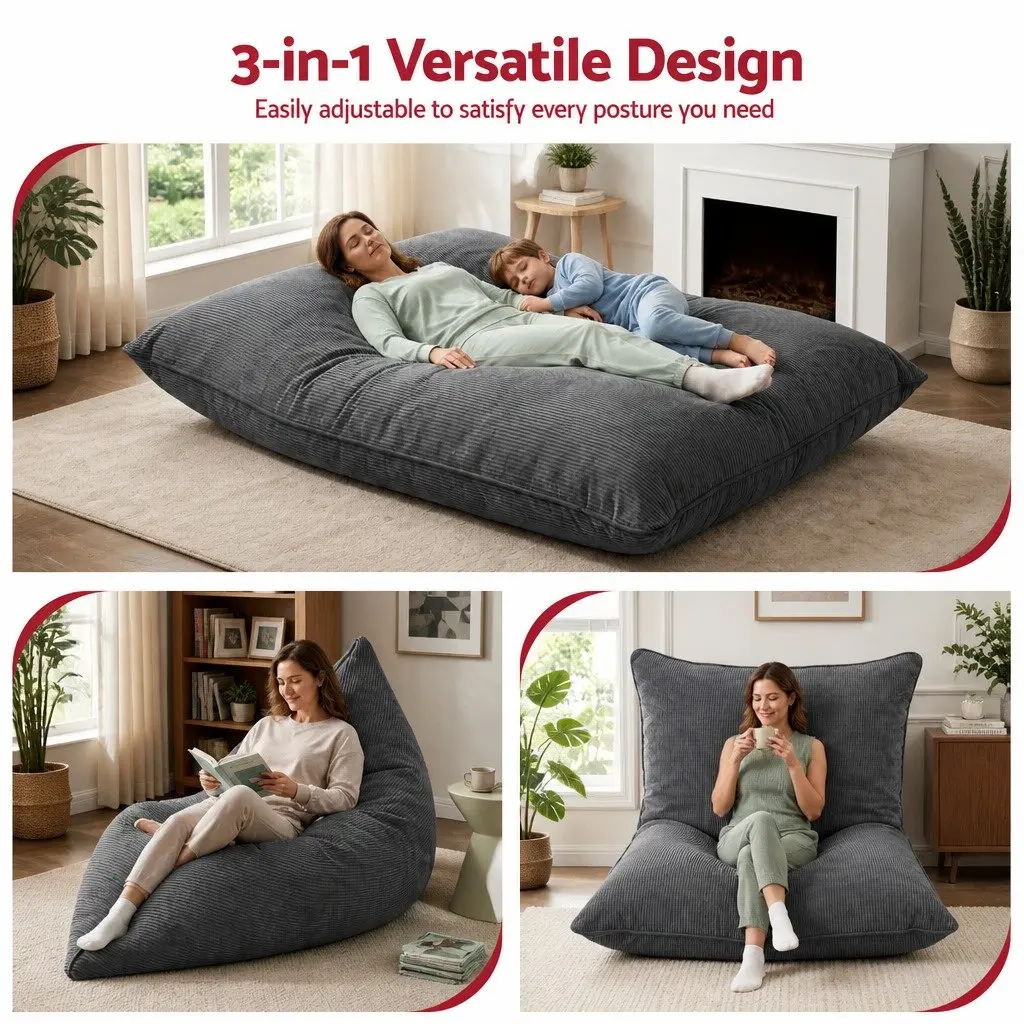 Bean Bag Chair Cover Convertible Floor Cushion Sofa Seat Grey Corduroy