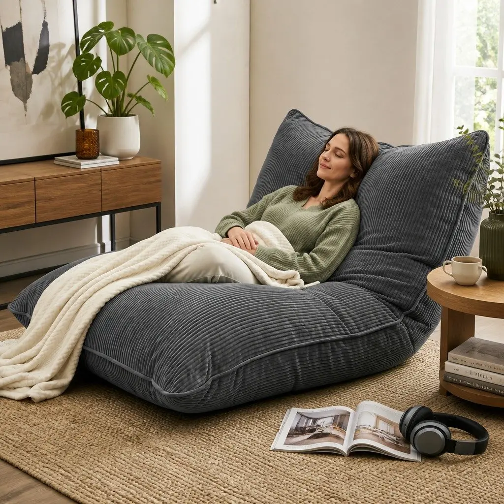 Bean Bag Chair Cover Convertible Floor Cushion Sofa Seat Grey Corduroy