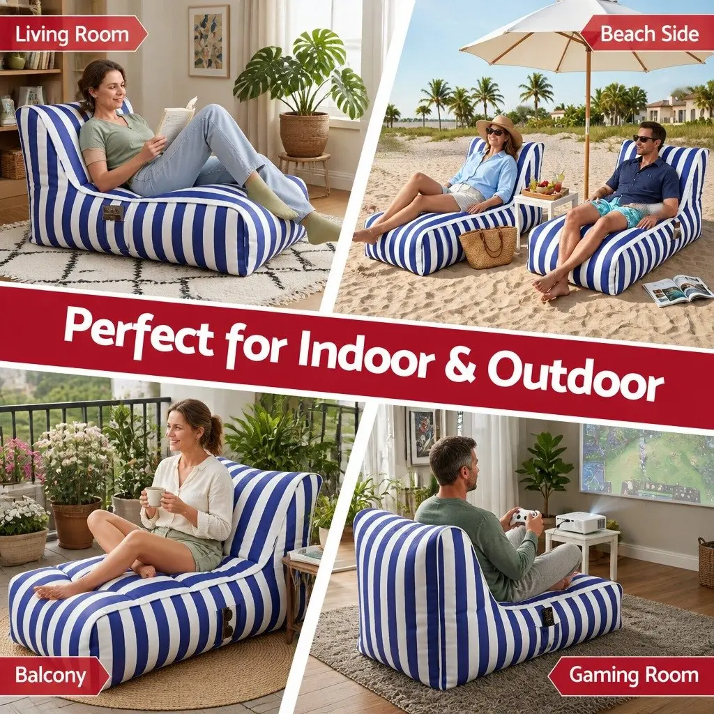 Bean Bag Chair Cover Water-Resistant L-Shape Indoor Outdoor Blue White