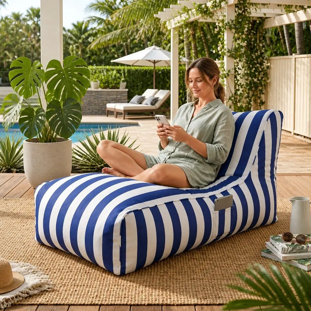 Bean Bag Chair Cover Water-Resistant L-Shape Indoor Outdoor Blue White