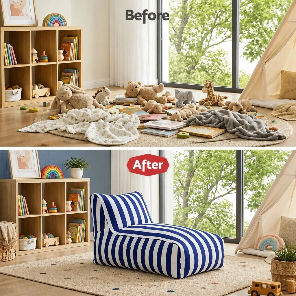 Bean Bag Chair Cover Water-Resistant L-Shape Indoor Outdoor Blue White
