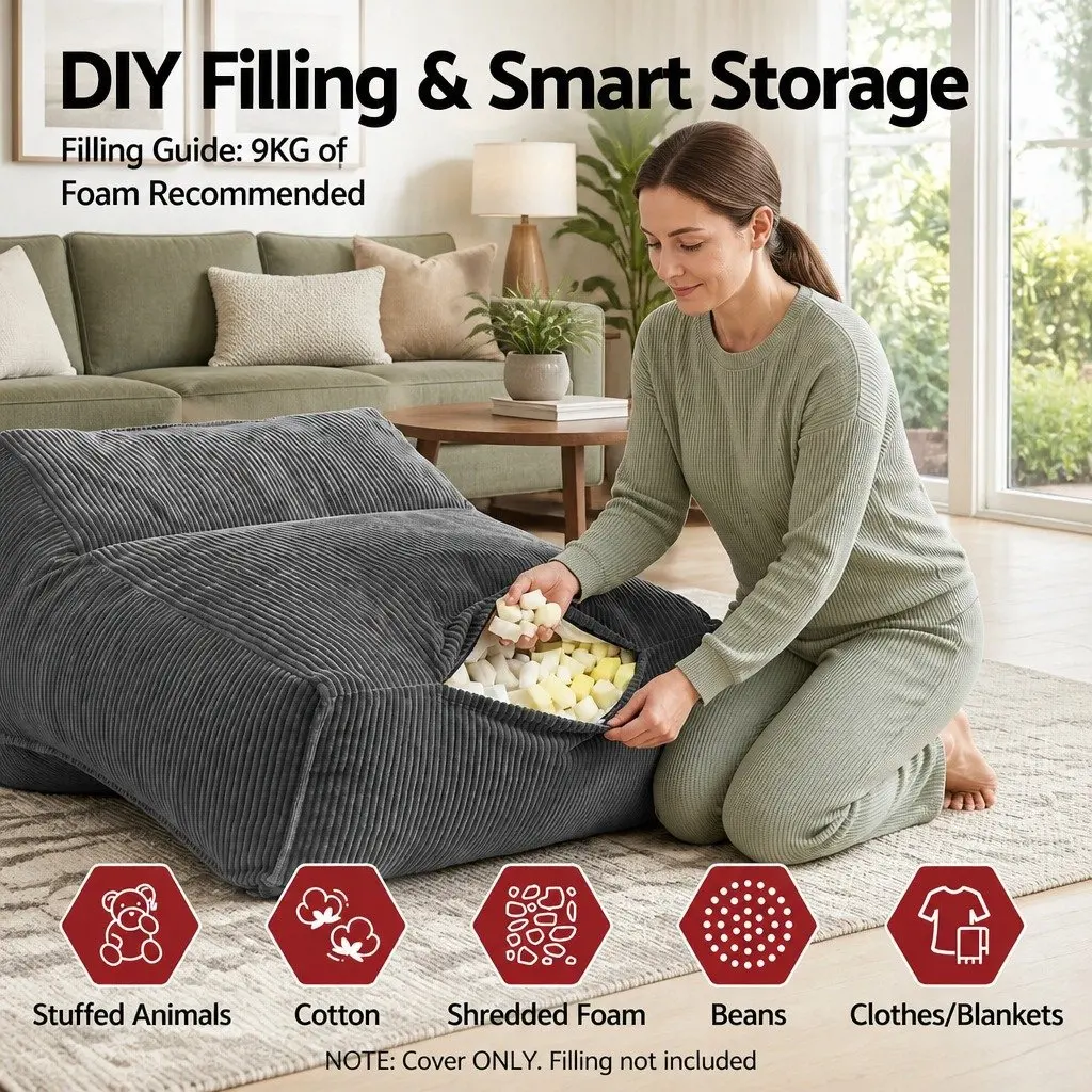 Bean Bag Chair Cover L-Shaped Soft Grey Corduroy for Adults