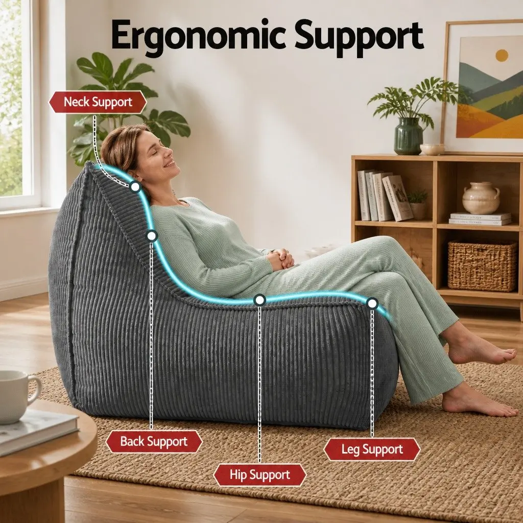 Bean Bag Chair Cover L-Shaped Soft Grey Corduroy for Adults