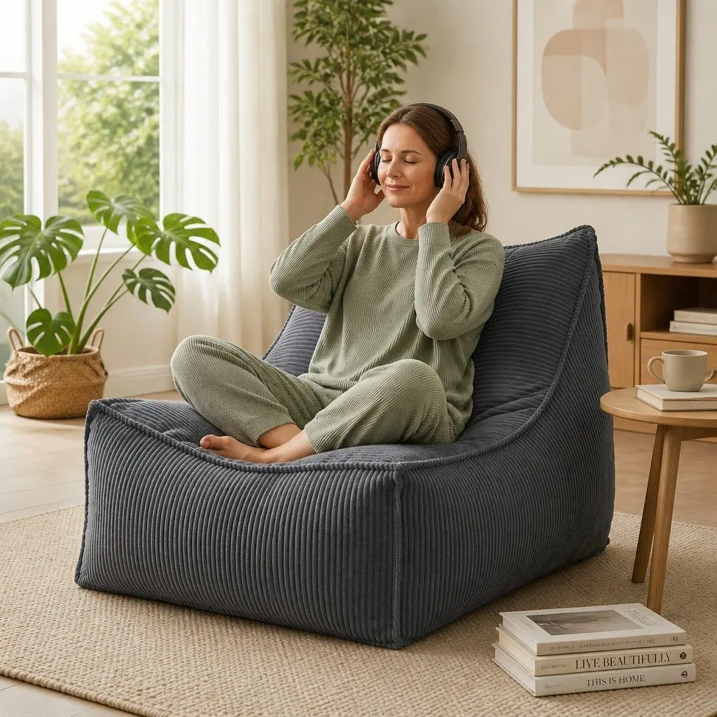 Bean Bag Chair Cover L-Shaped Soft Grey Corduroy for Adults