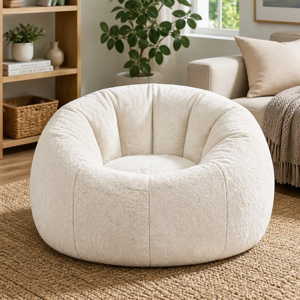 Bean Bag Chair Cover Soft Washable Large Round Faux Fur Beige