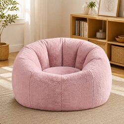 Stylish Large Round Faux Fur Bean Bag Cover in Pink