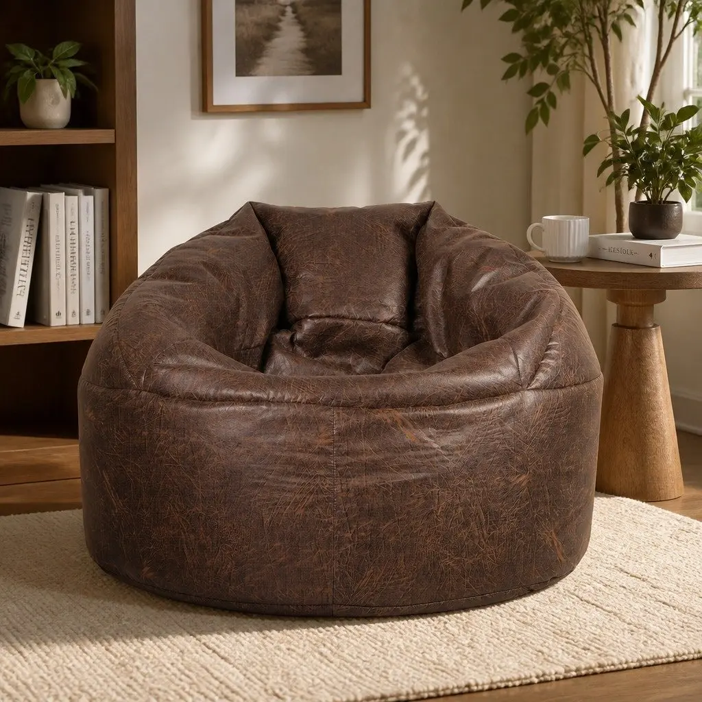 Bean Bag Chair Cover PU Leather Brown Modern Relax Couch Sofa Indoor Furniture
