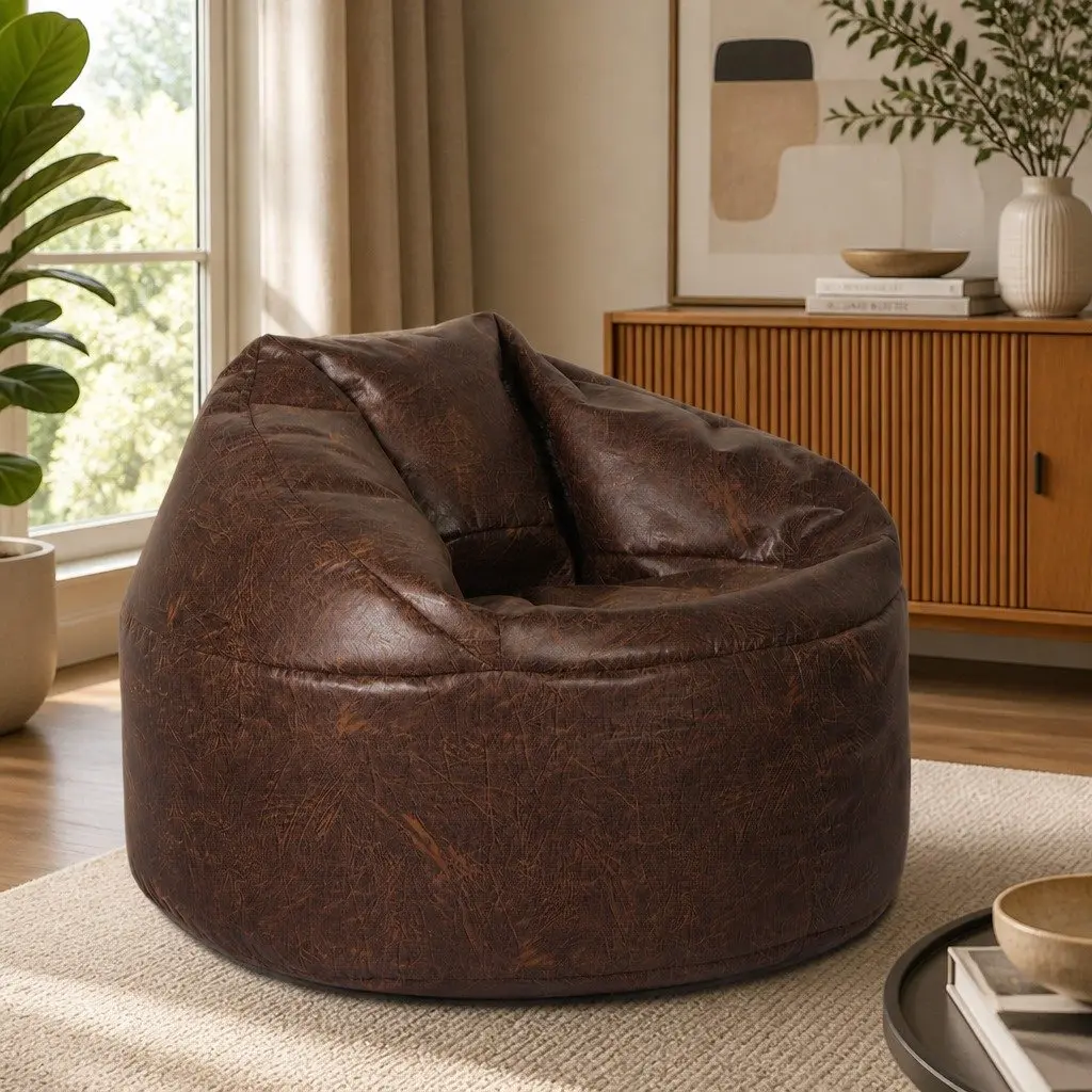 Bean Bag Chair Cover PU Leather Brown Modern Relax Couch Sofa Indoor Furniture