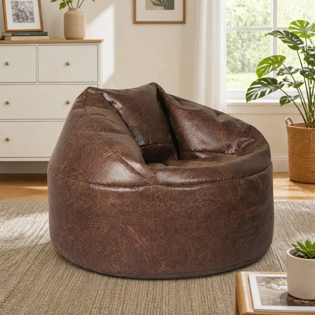 Bean Bag Chair Cover PU Leather Brown Modern Relax Couch Sofa Indoor Furniture