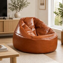 Bean Bag Chair Cover in Tan PU Leather, Easy-Fill Design