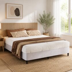 King Size Metal Bed Frame with Grey Fabric Cover and Sturdy Slat Support