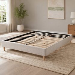 Double Bed Frame in Beige Faux Linen with Slats