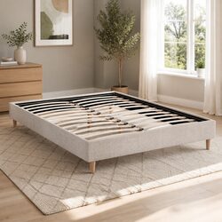 Solid Wood Queen Size Bed Frame with Faux Linen Upholstery