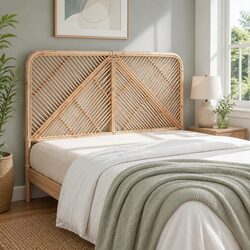 Double Bed Headboard in Rattan and Natural Pine