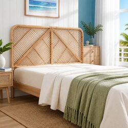 Queen-Sized Rattan Bed Headboard in Natural Pine