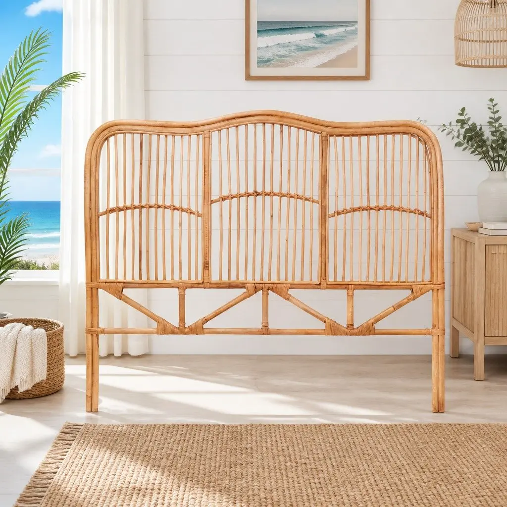Double Bed Headboard Natural Pine Rattan Easy Maintenance 140cm Width 120cm Height