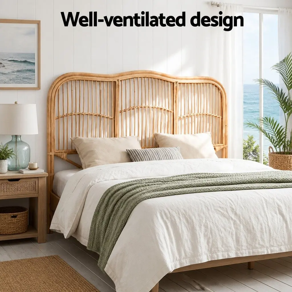 Double Bed Headboard Natural Pine Rattan Easy Maintenance 140cm Width 120cm Height