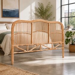 Queen Bed Headboard in Natural Pine with Rattan Construction