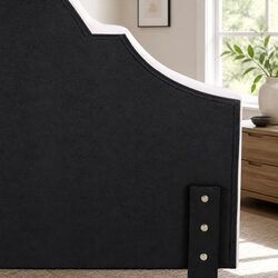 Queen Bed Headboard in Beige Velvet with Scalloped Design