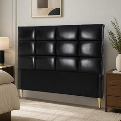 Queen Bed Headboard PU Leather Black with Grid Tufting
