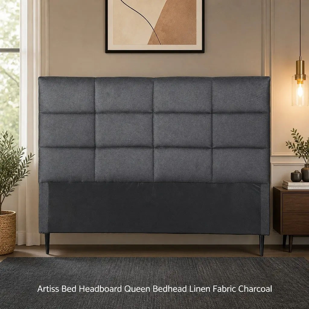 Queen Headboard Linen Fabric Grid Tufted Pattern Charcoal