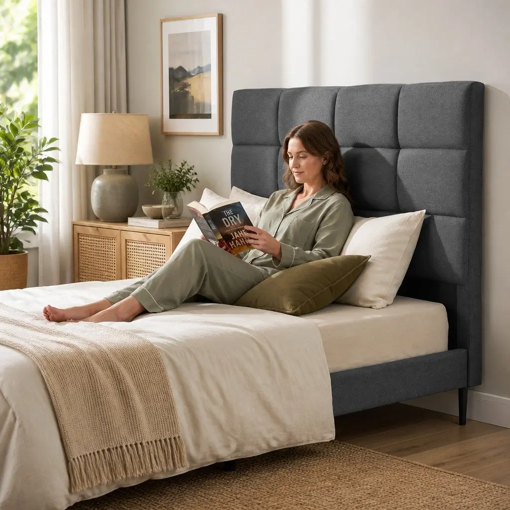 Queen Headboard Linen Fabric Grid Tufted Pattern Charcoal