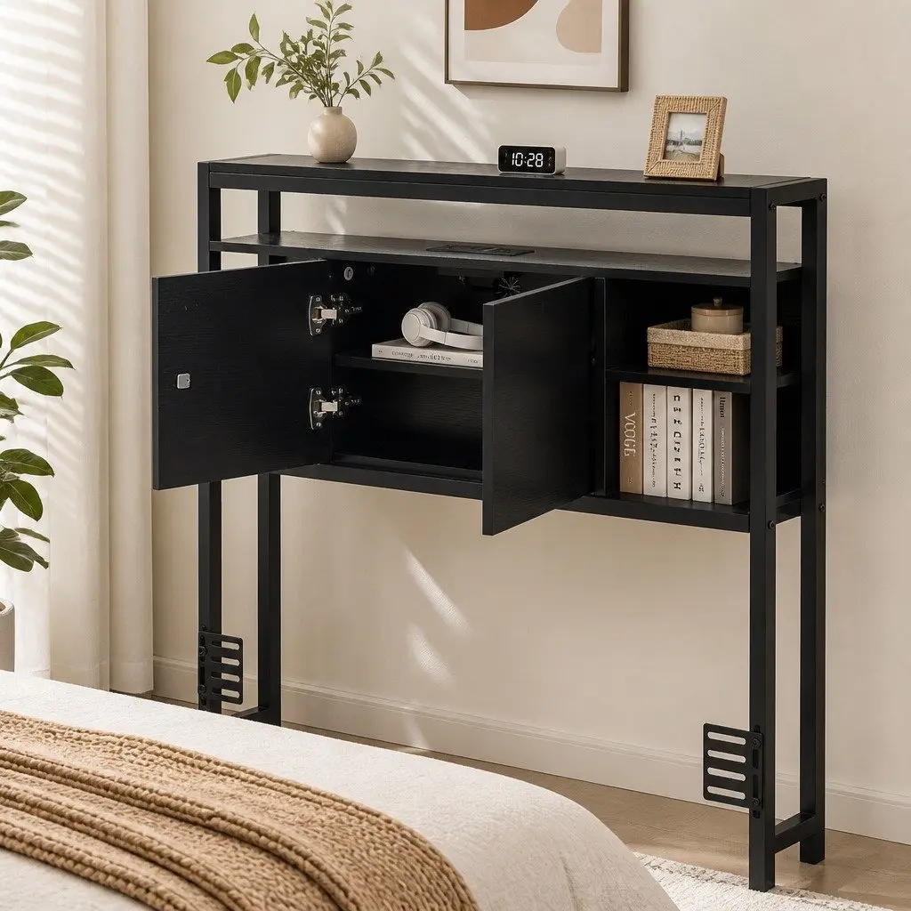Black King Single Bed Headboard with Charging Station and Storage Compartment