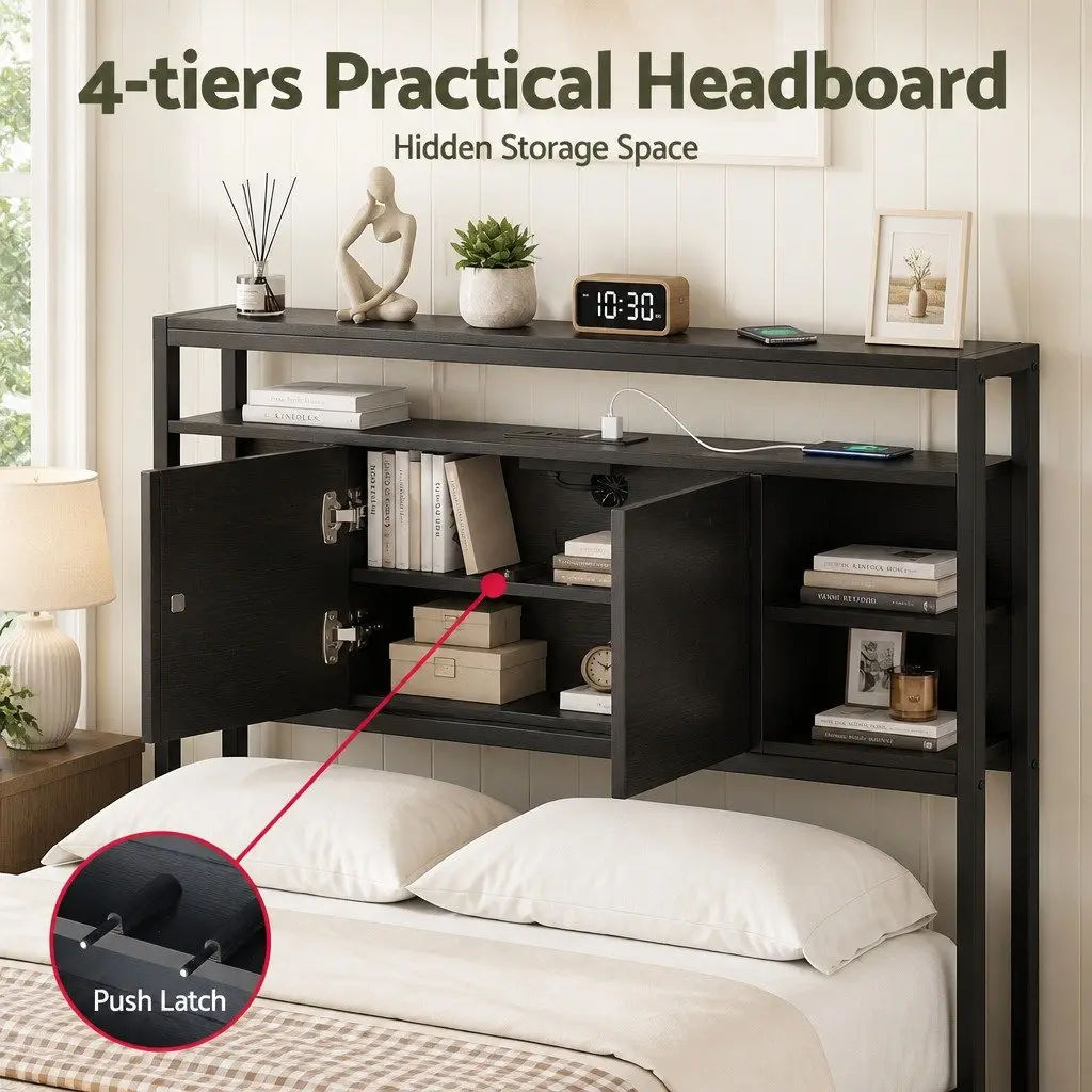 Black King Single Bed Headboard with Charging Station and Storage Compartment