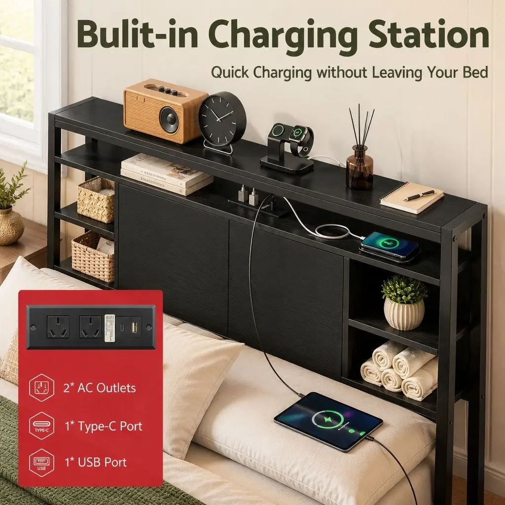 Black King Single Bed Headboard with Charging Station and Storage Compartment
