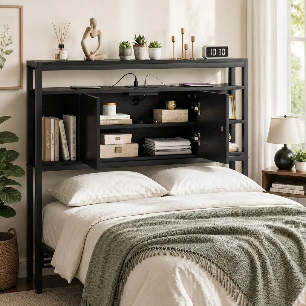 Black King Single Bed Headboard with Charging Station and Storage Compartment