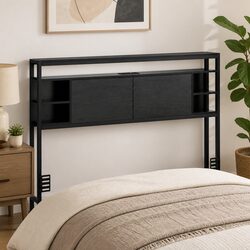 Queen Bed Headboard with Open Shelves and Charging Station