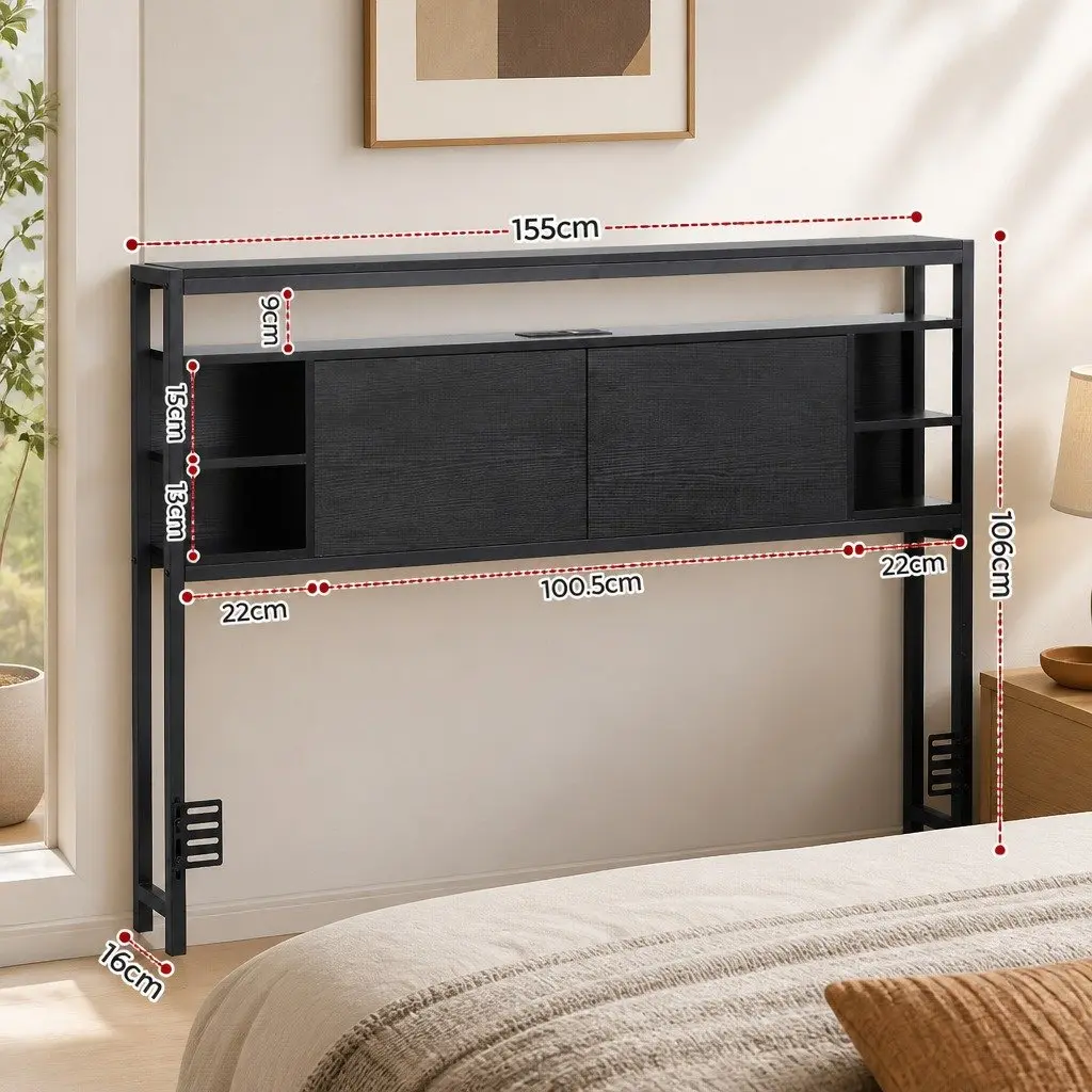 Queen Size Headboard Black with Open Shelves Charging Station Storage Feature