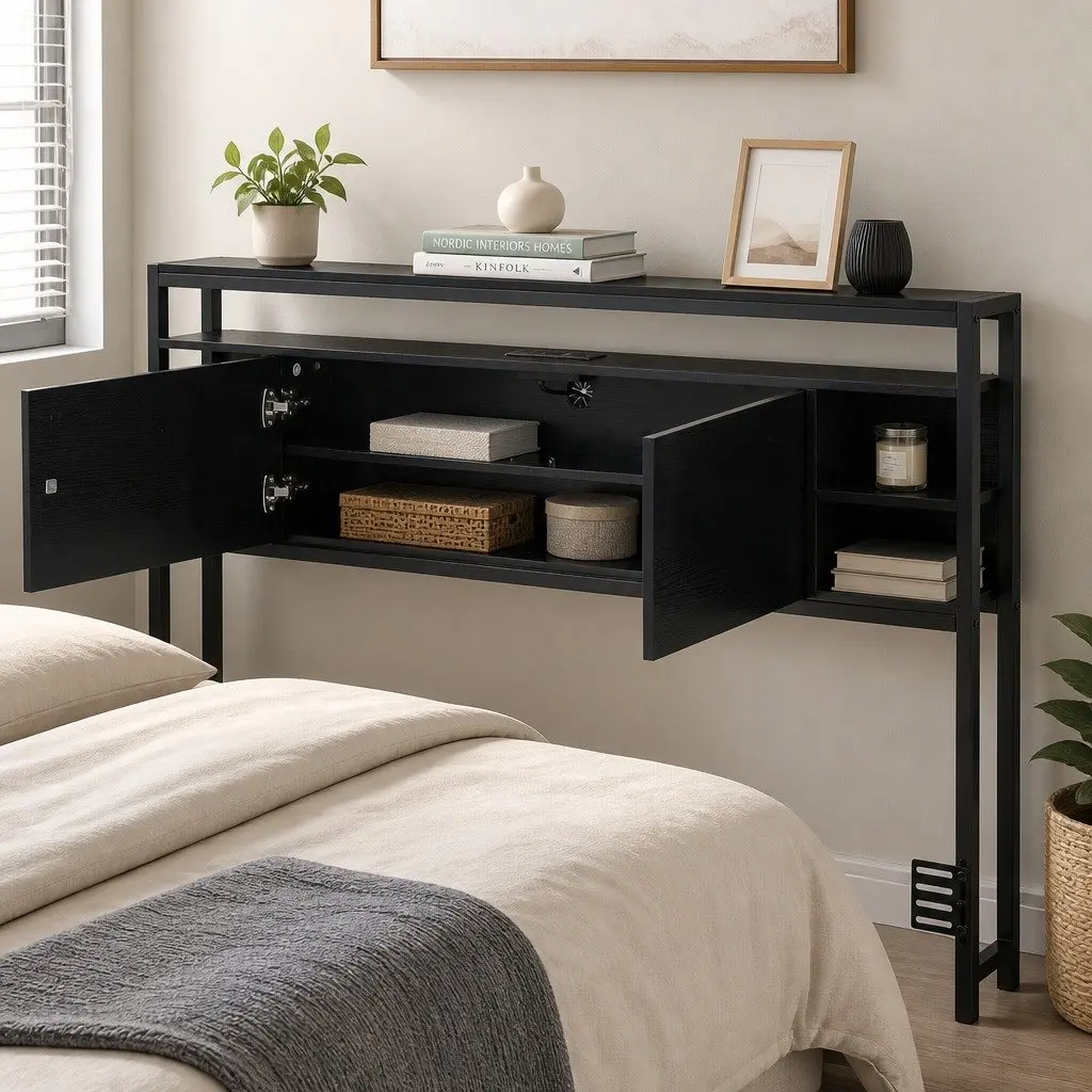 Queen Size Headboard Black with Open Shelves Charging Station Storage Feature