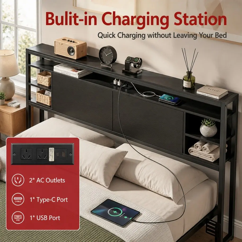 Queen Size Headboard Black with Open Shelves Charging Station Storage Feature