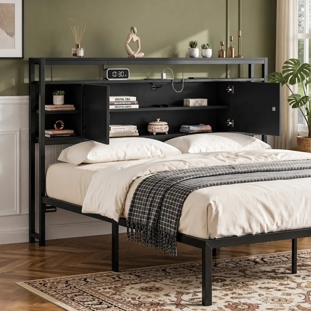 Queen Size Headboard Black with Open Shelves Charging Station Storage Feature